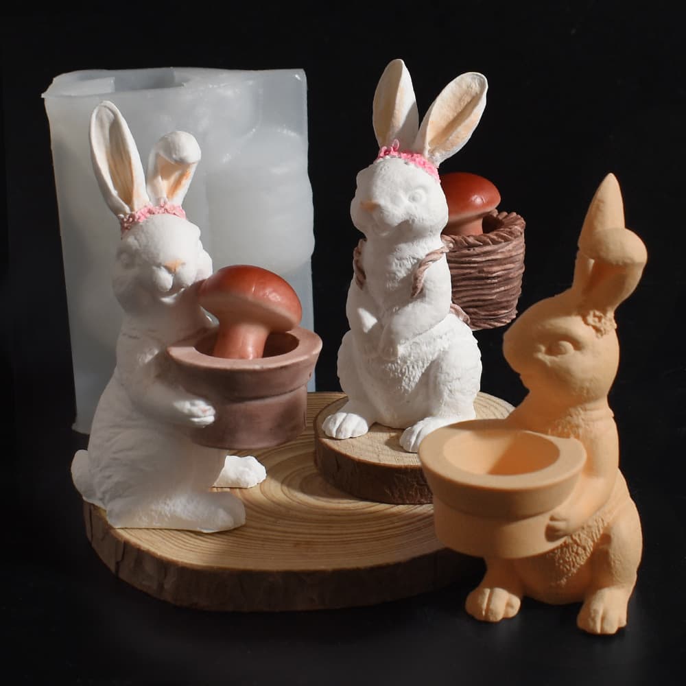 Easter Cartoon Rabbit Animal Flower Pot Silicone Mold, Rabbit Planter Small Bunny Candle Holder Plaster Figurine Mold