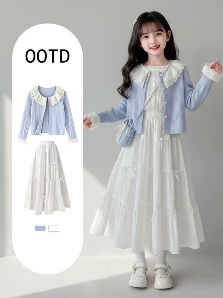 Girls skirt set, sweet and stylish long-sleeved cardigan skirt set, two-piece set, children's spring skirt, junior high school students