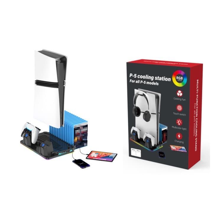 PS5/Slim/Pro Universal Cooling Charging Stand with RGB Light, Disc Rack, and Headphone Holder