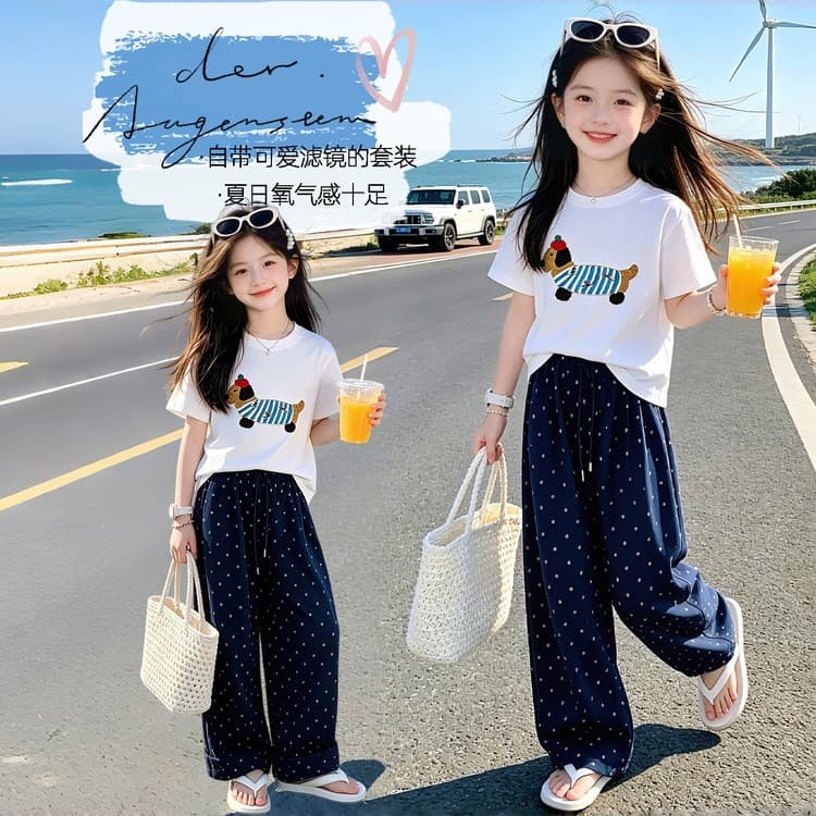 Girls T-Shirt Short-Sleeve Kids Summer 2026 New Mid/Older Kids Top Casual Pants 2-Piece Set