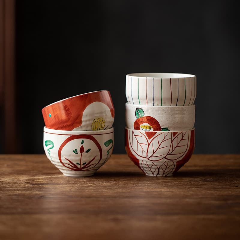 [Official Genuine] Japanese Import Mino Ware Hand-painted Rice Bowl, Fresh and Elegant Red Painting Round Bowl, Japanese Ceramic Tableware
