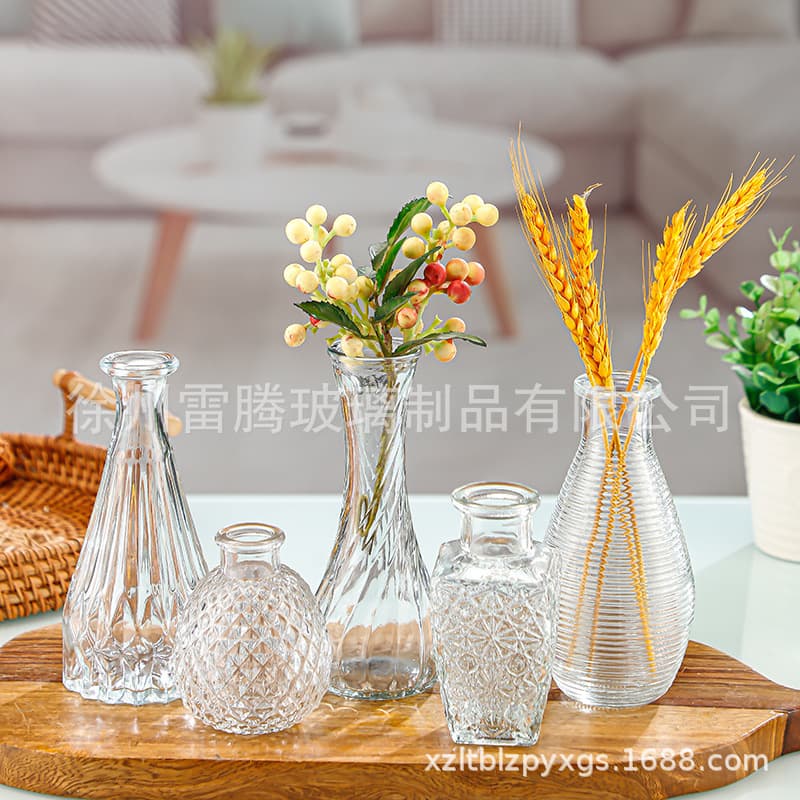 European Light Luxury Embossed Glass Vase Transparent Living Room Hydroponic Flower Vase Ins Home Small Vase Decoration
