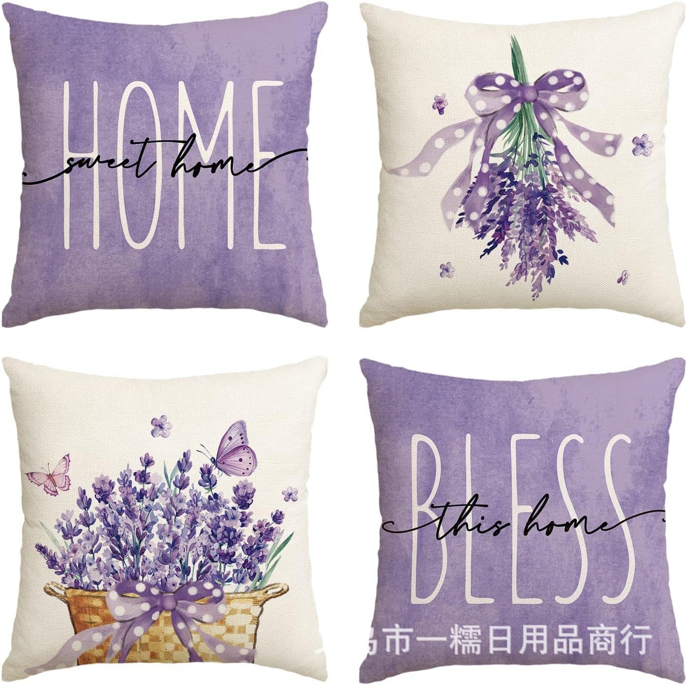 Amazon cross-border temu best-selling floral linen pillowcase purple lavender printed cushion cover cushion cover