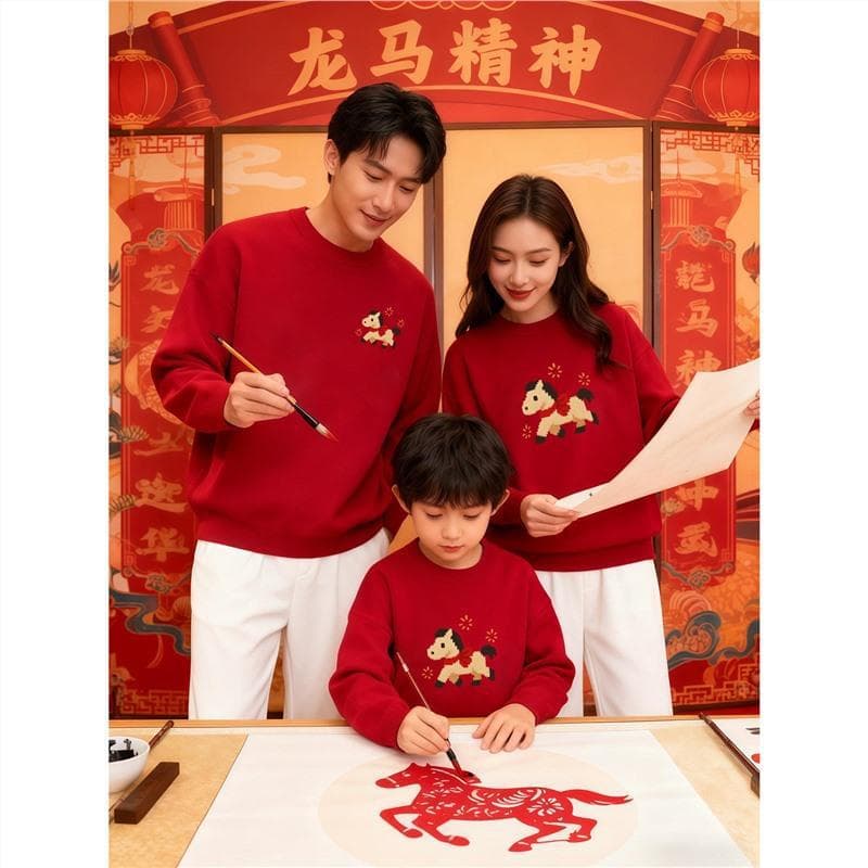 New Year's Eve parent-child clothing for a family of three and four sweaters 2026 new year of the horse and animal year children's clothing red sweater