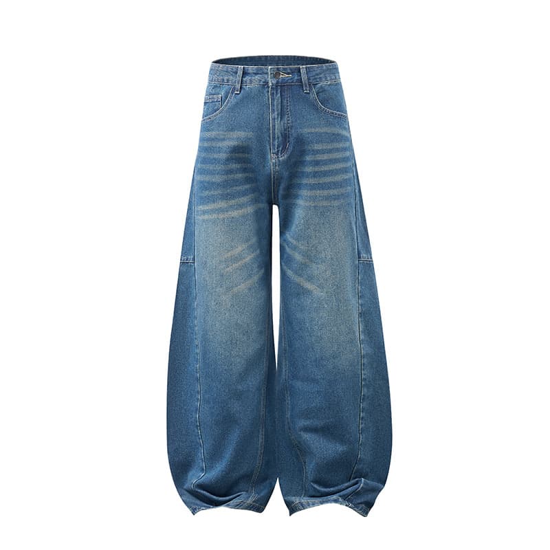 Hi Tao Denim American vibe retro cat whiskers scimitar jeans large size autumn new loose wide leg floor mopping pants