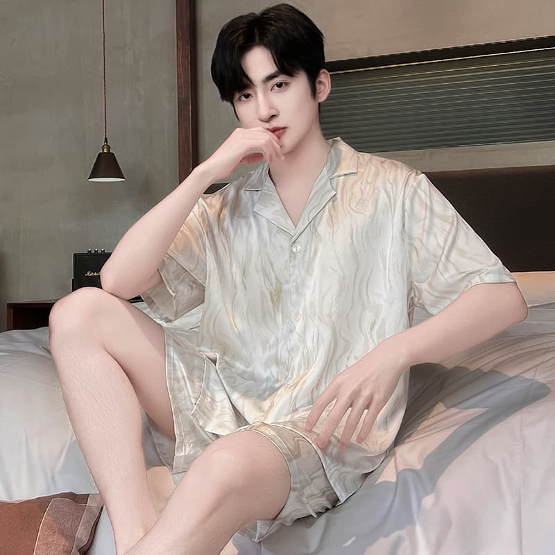 Men's Summer Thin Ice Silk Cardigan Short Sleeve Shorts Set Pajamas Homewear