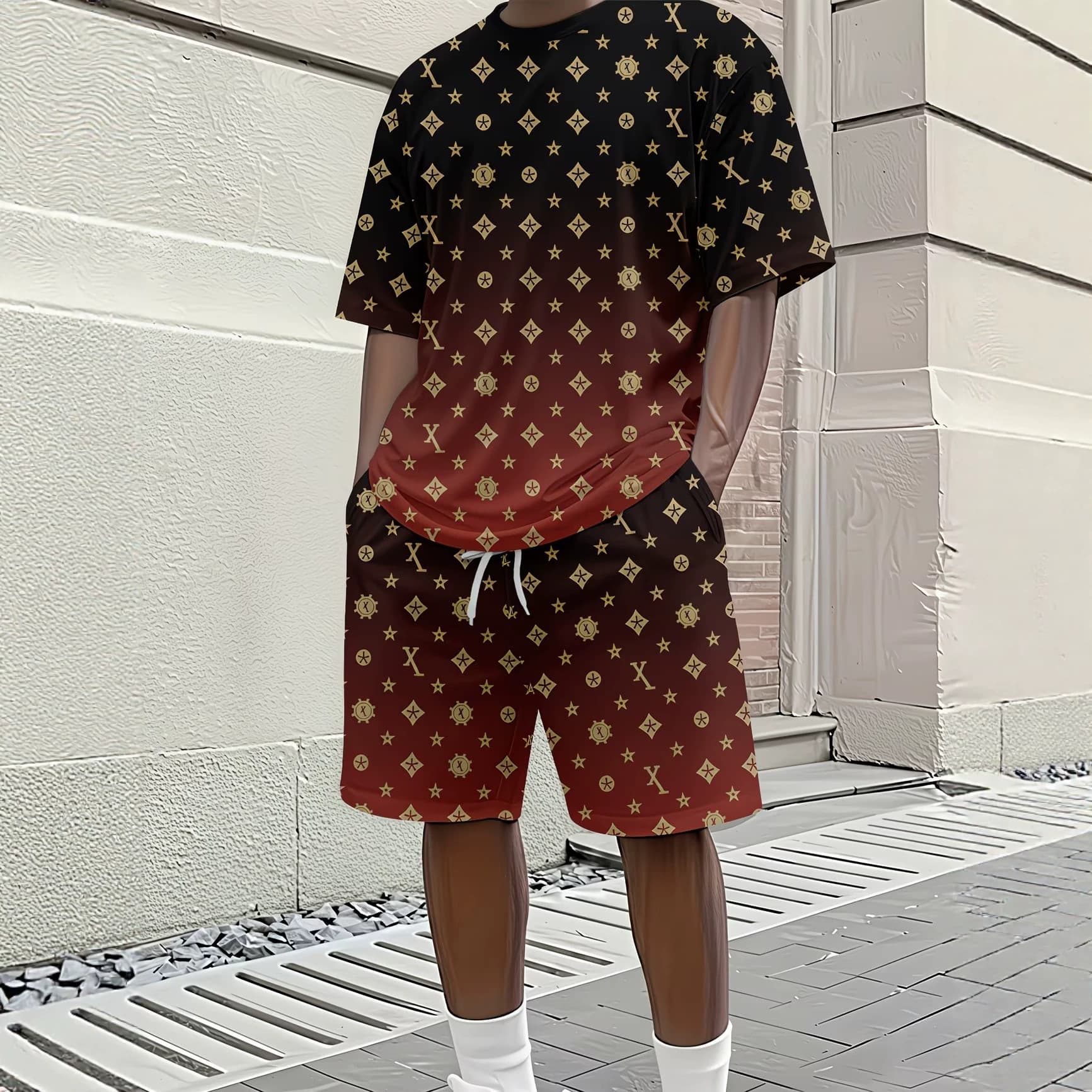 POD Drop Shipping Source Factory Wholesale Men's Short Sleeve and Shorts Set Men's Gradient Casual Sportswear Set