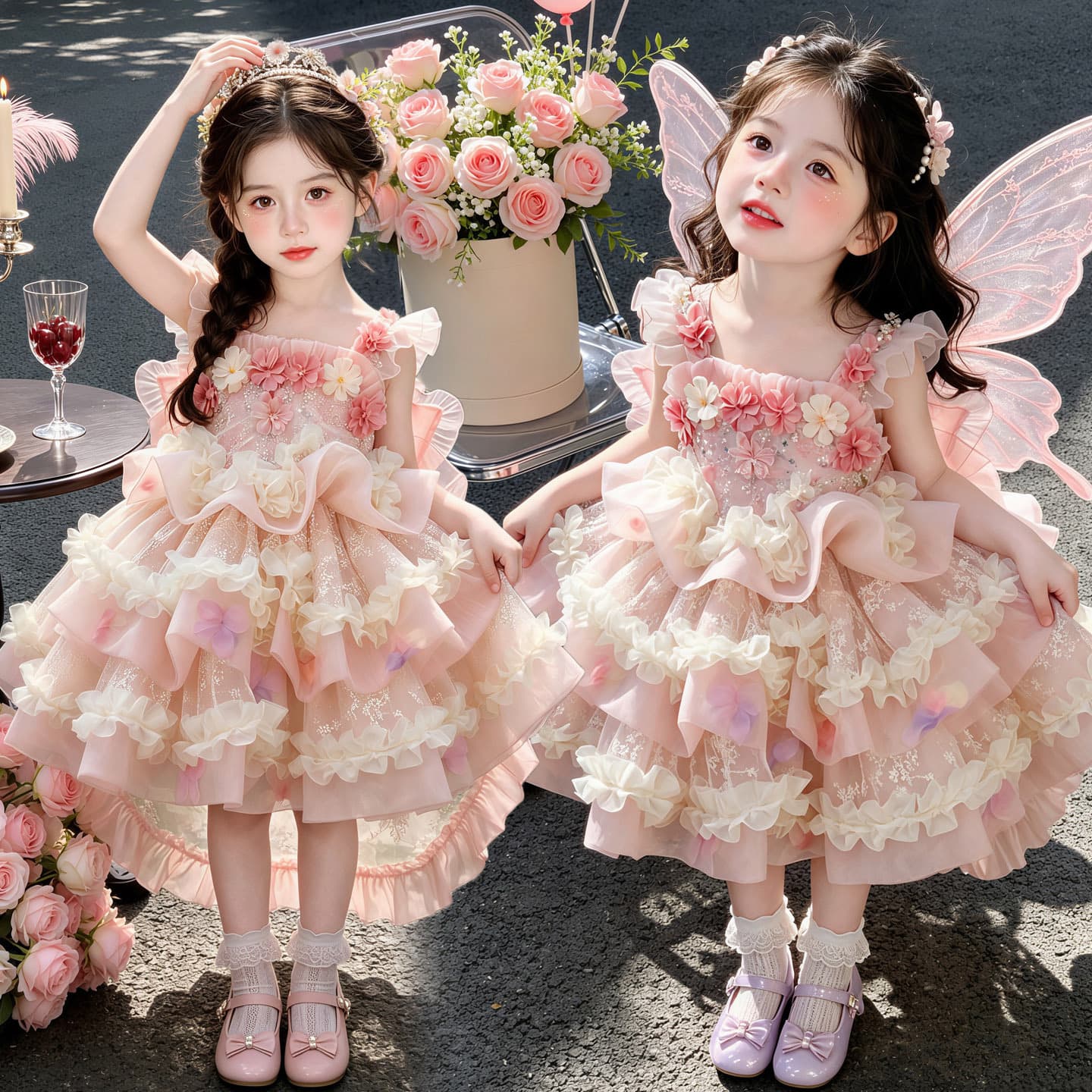 Girls Summer 2026 Princess Floral Fairy Tulle Dress Layered Cake Tutu Skirt Birthday Party Versatile Gown