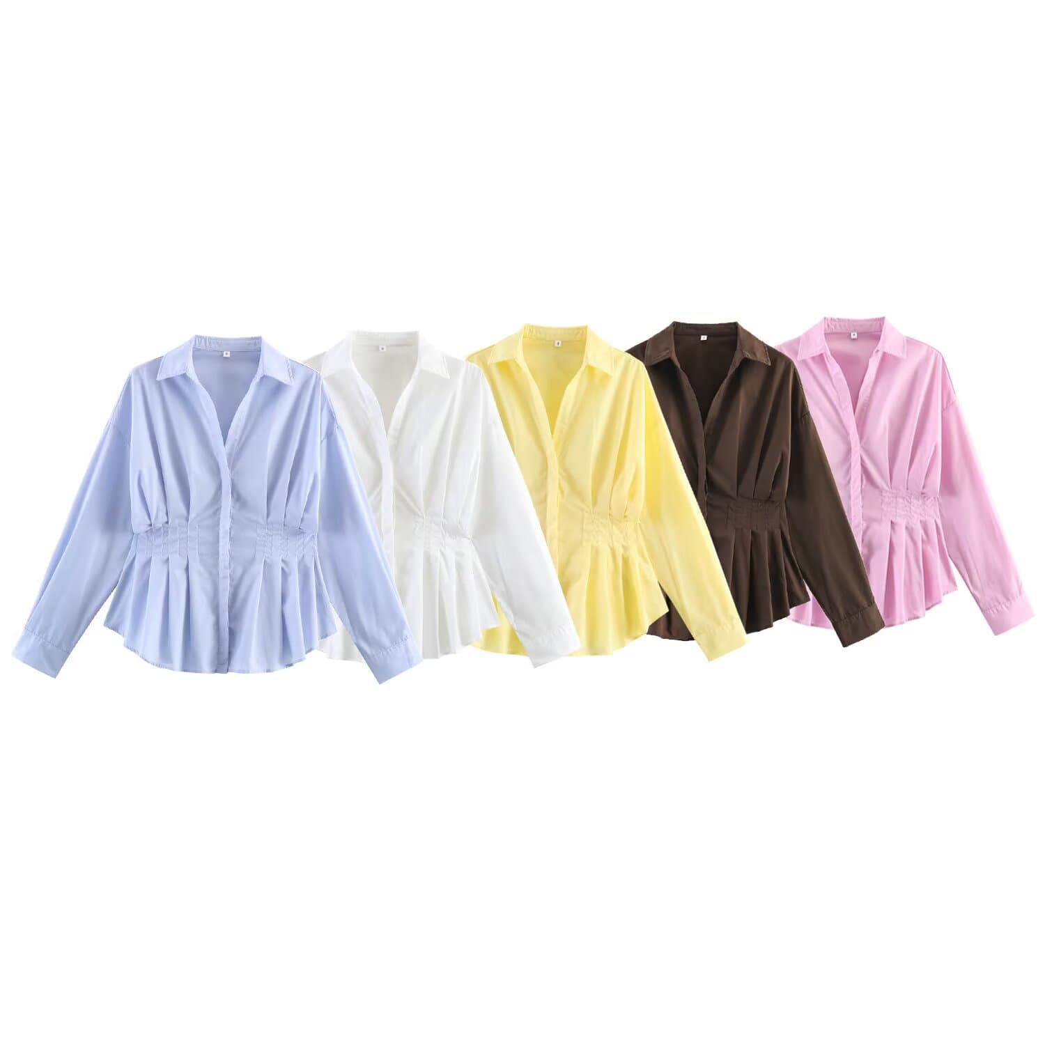 Myst&Za 2026 Fashion European and American Style New Multi-Color Pleated Waist Shirt Versatile Turn-Down Collar Long Sleeve Top