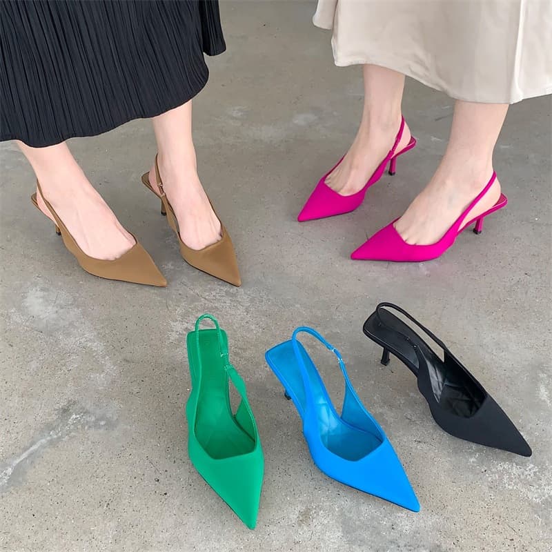 2023 Spring New Pointed Toe Thin Heel Mid Heel Open Back Closed Toe Sandals High Heel Shoes Green Women's Shoes