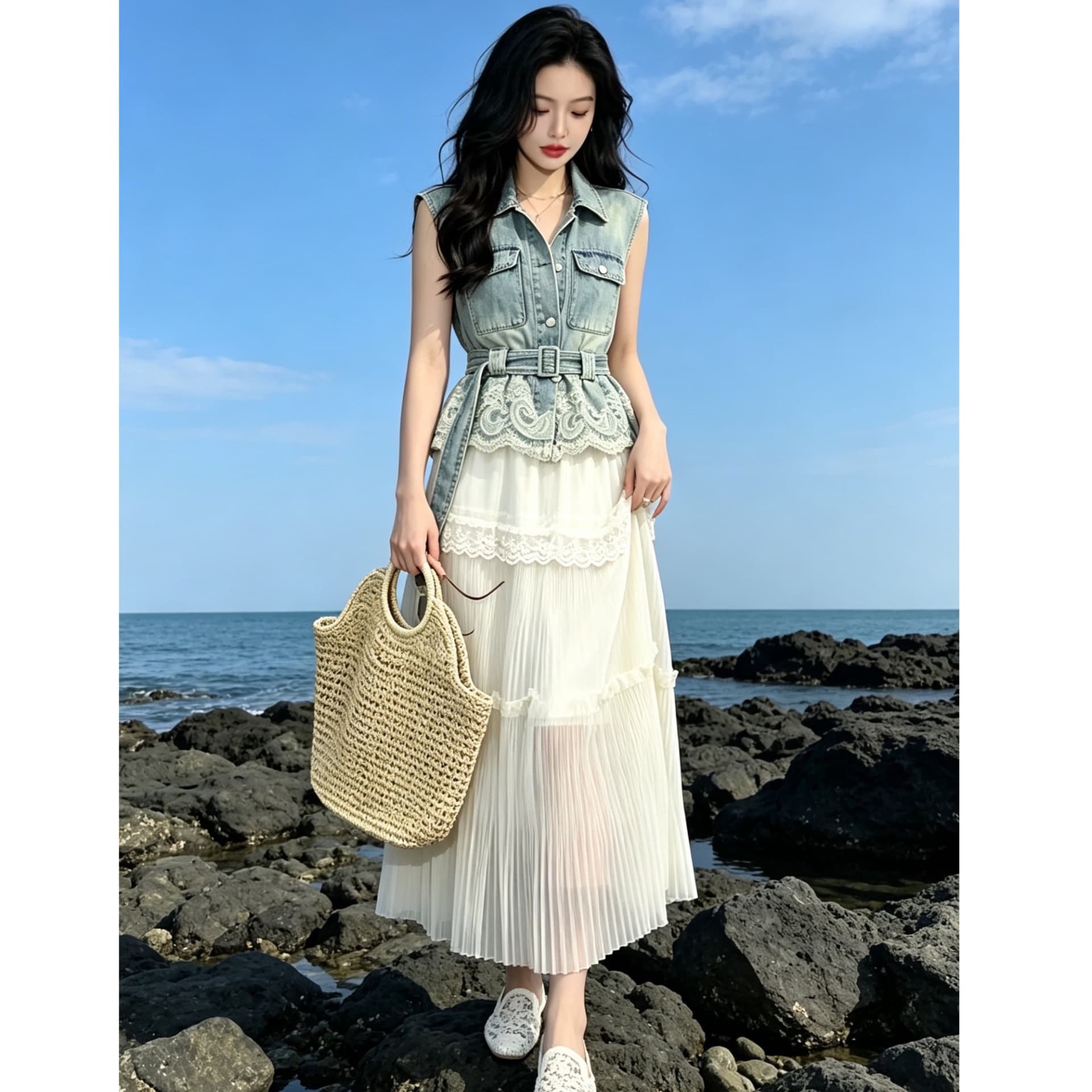 1481 Blue Denim Vest for Women Summer 2026 New Patchwork Lace Sleeveless Top Slim Fit Vest + Skirt