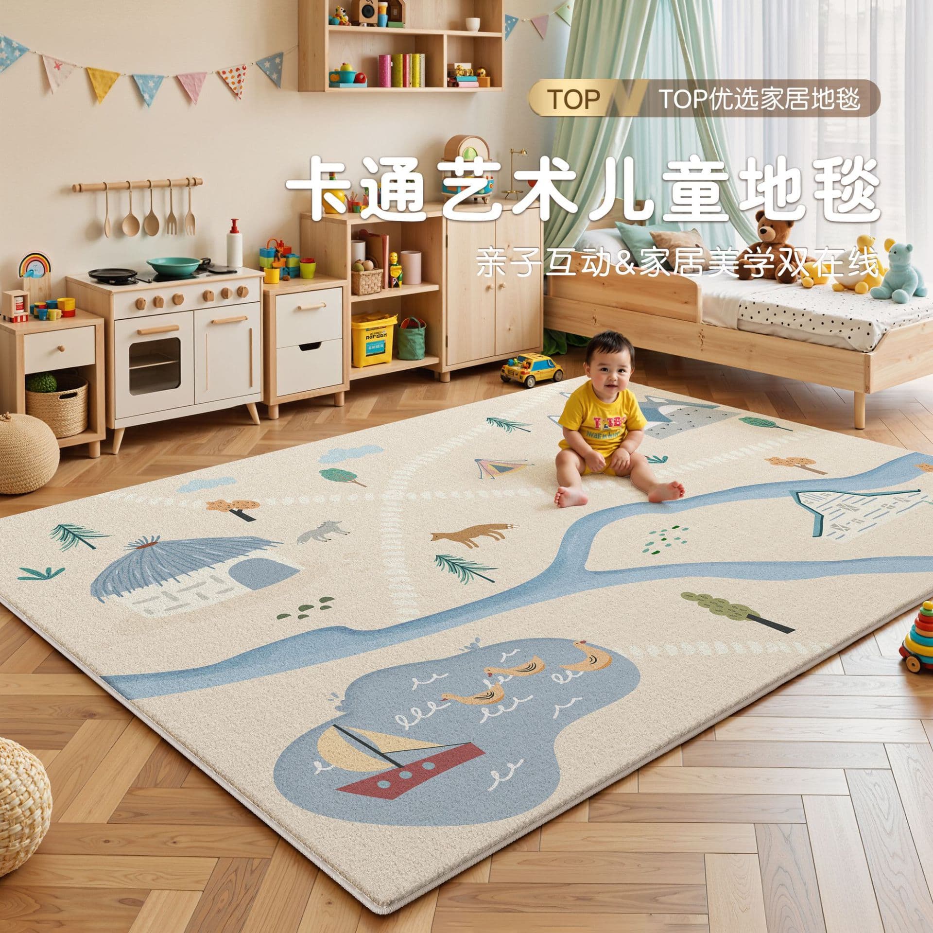 Cartoon children's room carpet, bedroom washable and wipeable floor mat, baby reading area climbing mat, living room sofa coffee table mat
