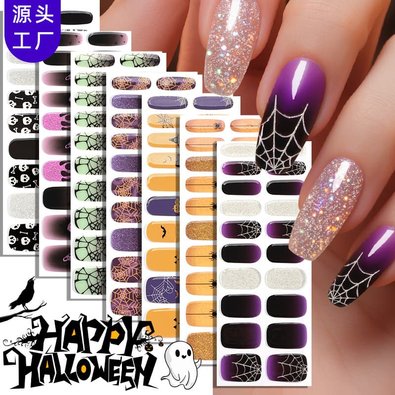 Zhengxiang new Halloween semi-cured gel nail stickers European and American luminous dark spider web lighting UV nail stickers