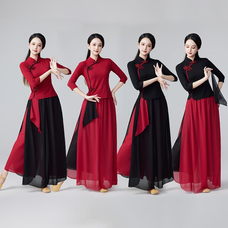 New square dance costume set, mid-length sleeved classic dance outfit, chiffon dance practice clothes.