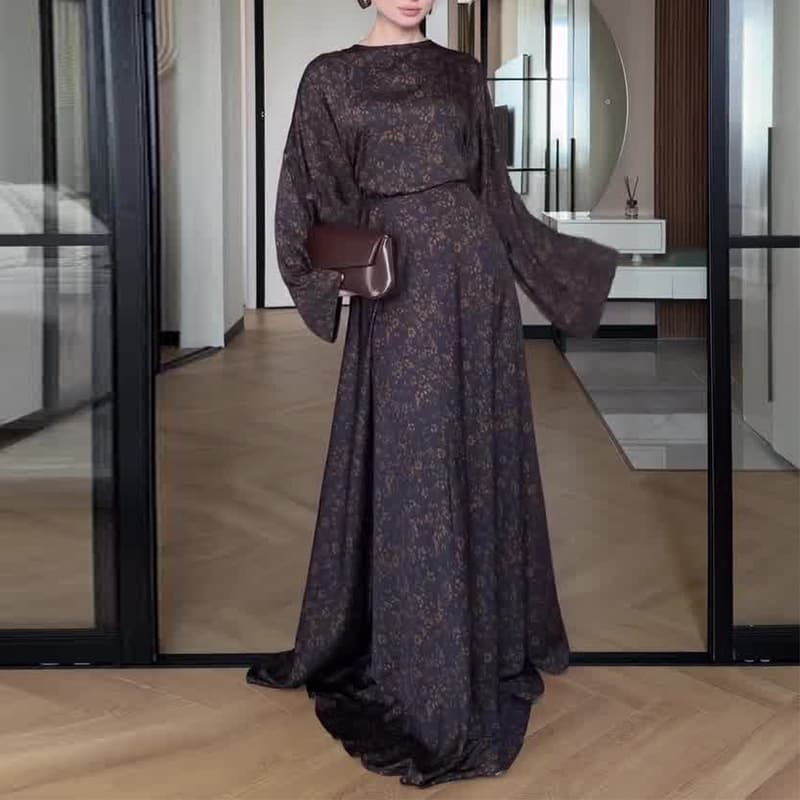 2026 new European and American Amazon cross-border foreign trade women's long-sleeved brown floral slim-fitting fashion floor-length skirt