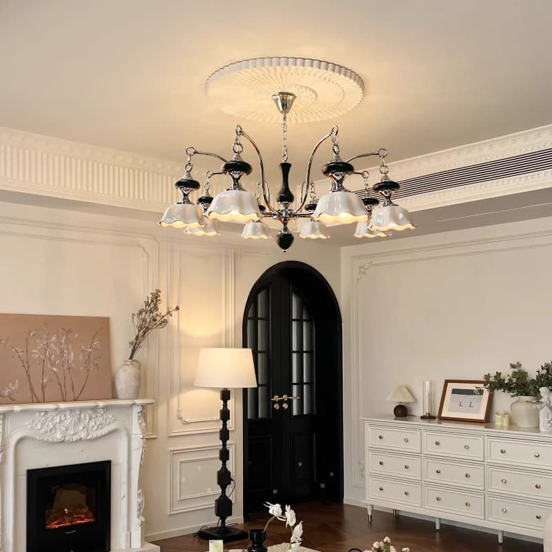 French Retro Restaurant Multi-Head Ceramic Chandelier, Medieval Nanyang Style Bedside Lamp, Cream Style TV Background Wall Lamp