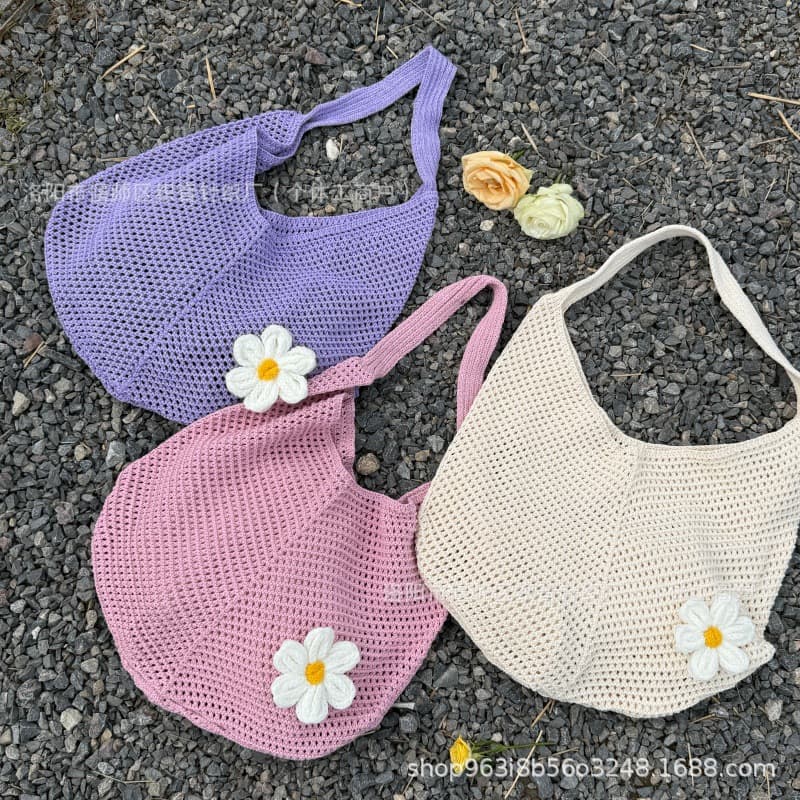 Women's Knitted Bag New Korean Style Shoulder Bag Tote Bag Casual Knitted Hollow Flower Beach Bag Beach Essential