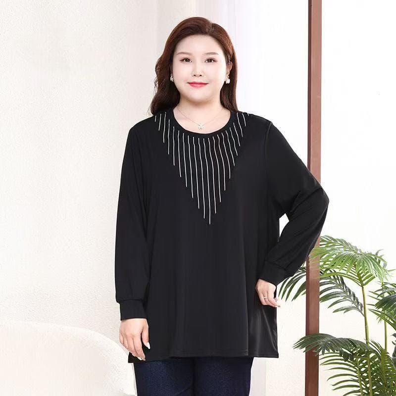 Plus Size Women's Patchwork Contrast Color Top, Long Sleeve Black Slimming Tunic for Fall and Winter, 90-300 lbs