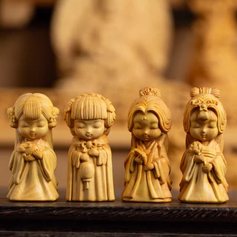 Small-leaf Boxwood Chinese Classical Wood Carving of Four Beauties, Exquisite Handcrafted Ornament, Traditional Sculpture