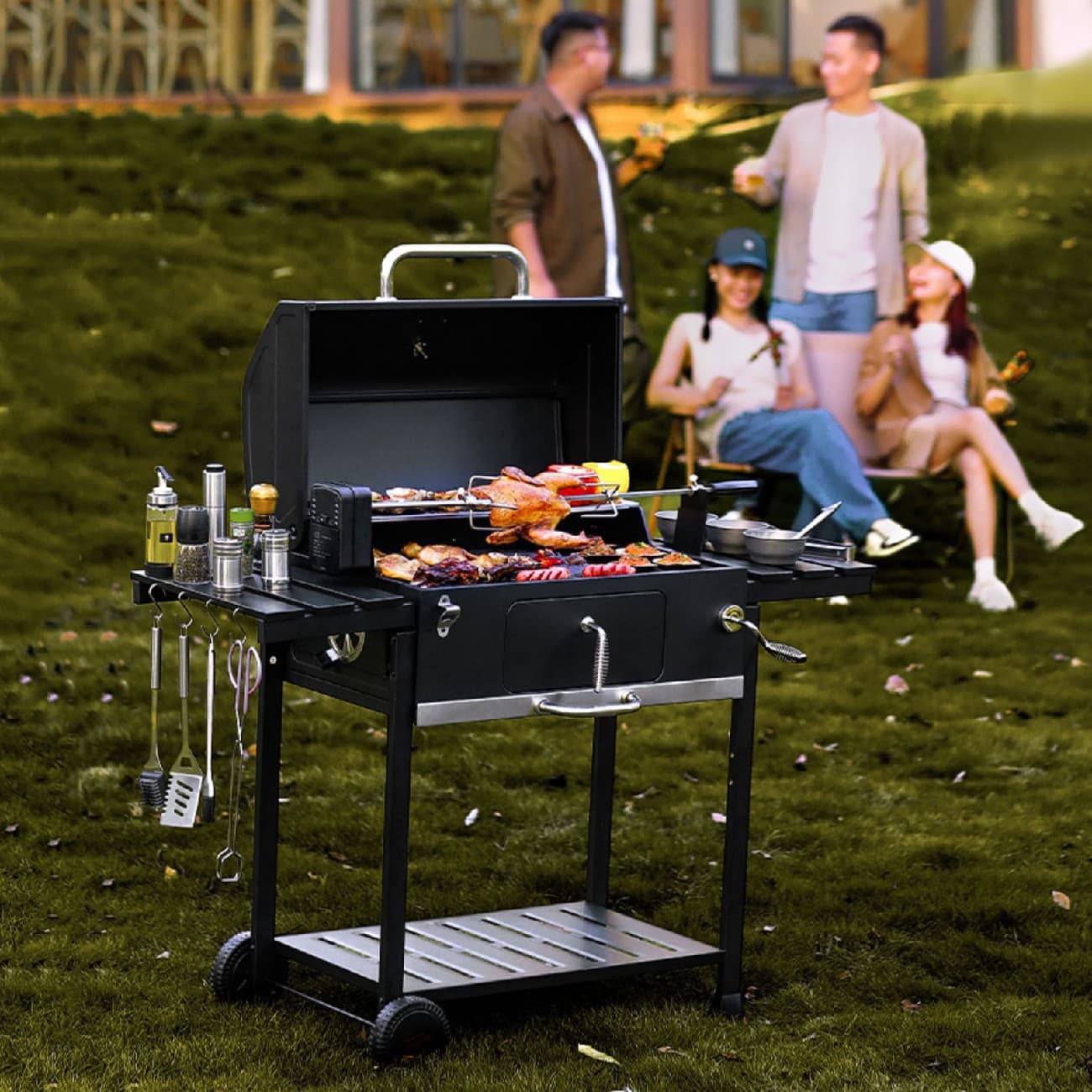 Multifunctional Black Stainless Steel BBQ Grill, Household Outdoor Barbecue Rack, Movable Patio Grill, Customizable Wholesale