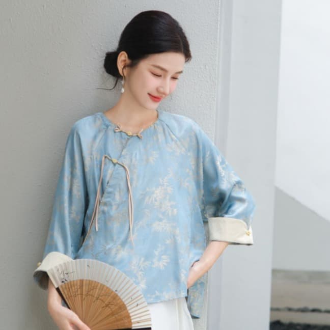 2024 Spring New Women's Clothing New Chinese Style Round Neck Jacquard Top with Fold Buttons, Tang Suit Style, Hanfu, Tea Ceremony Attire for Women