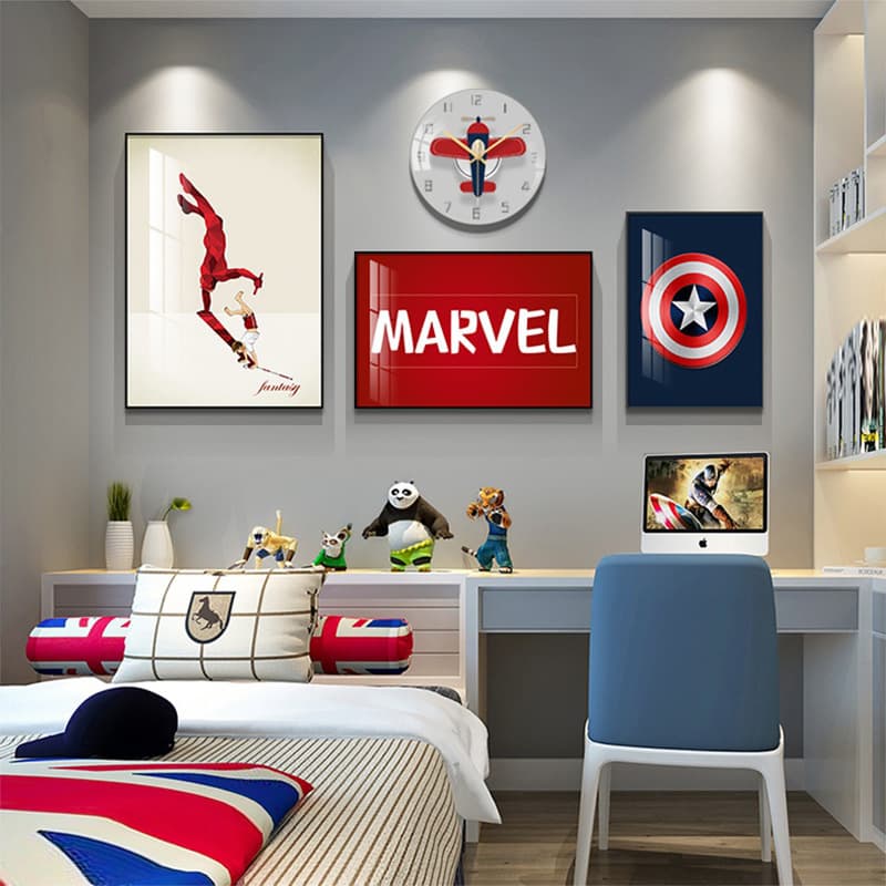 Trendy brand Marvel Captain America wall clock restaurant decoration painting with clock living room clock wall mural cartoon hanging painting