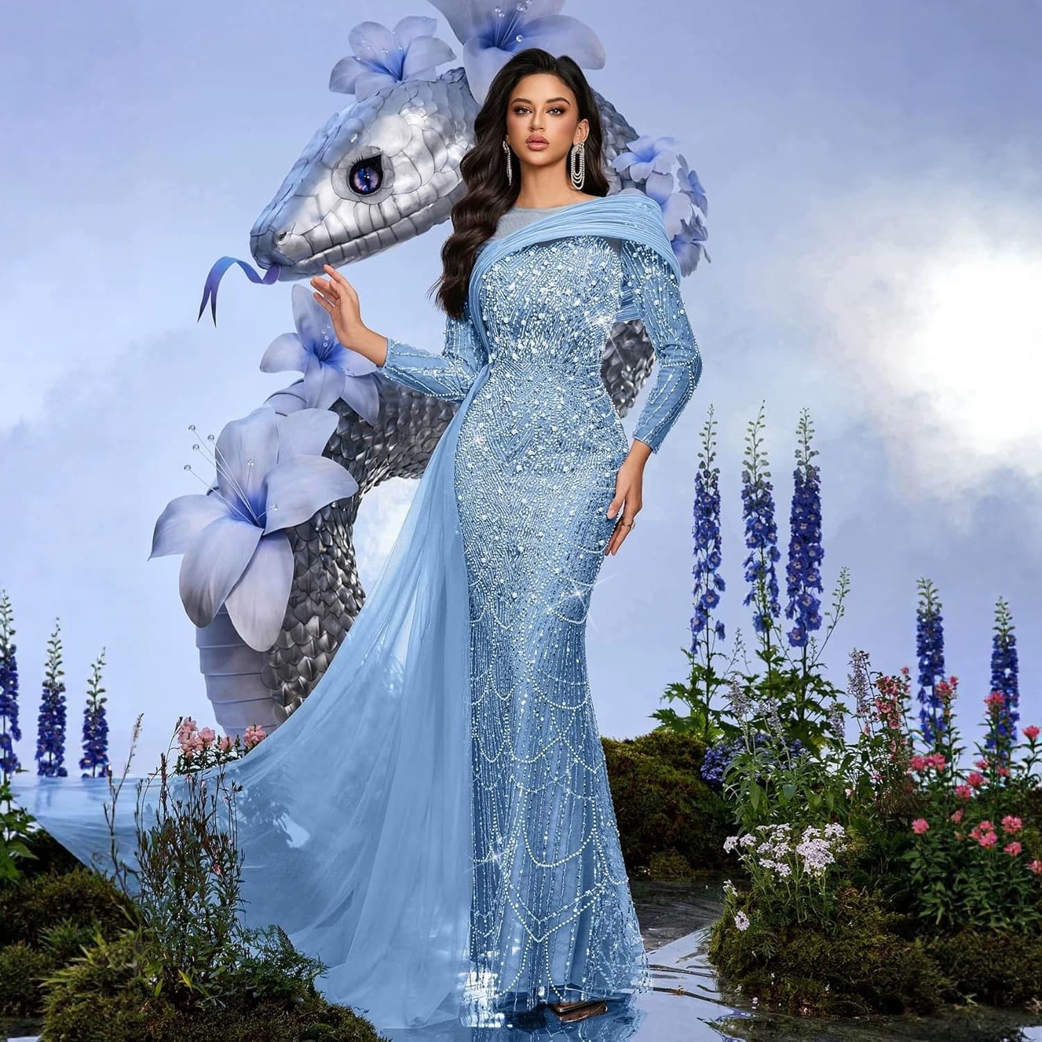 Foreign trade cross-border long sequin off-shoulder fishtail floating piece evening gown sky blue sequin lace prom dress