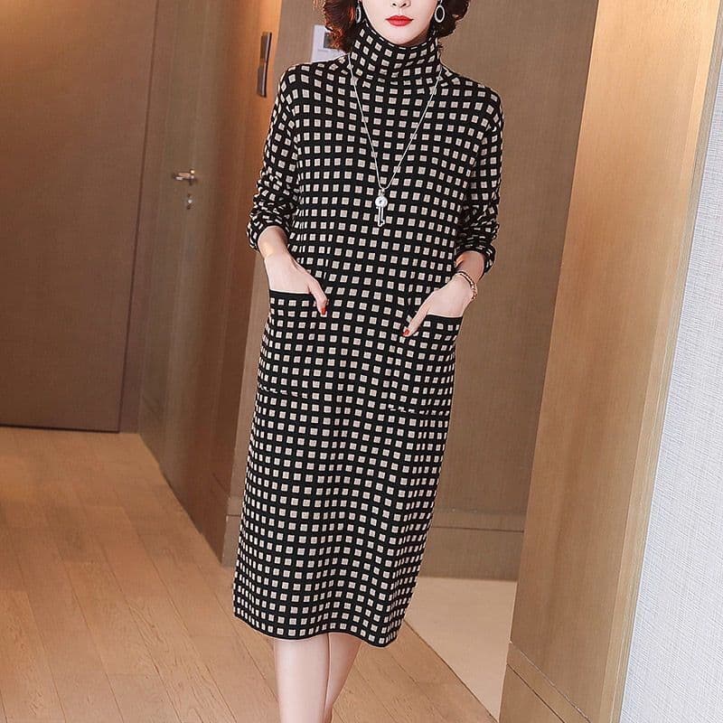 Autumn/Winter New Women's High-Neck Plaid Dress, Loose Mid-Length Over-the-Knee Skirt for Layering