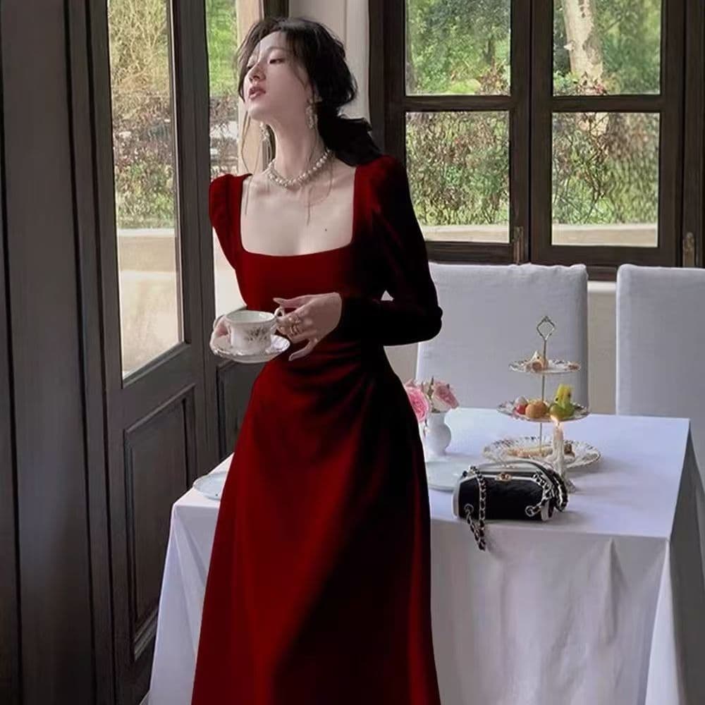 Red Long-Sleeve Dress Women 2026 Spring/Fall French Wedding Dress Bride Toast Dress Wearable Red Gown Long Skirt