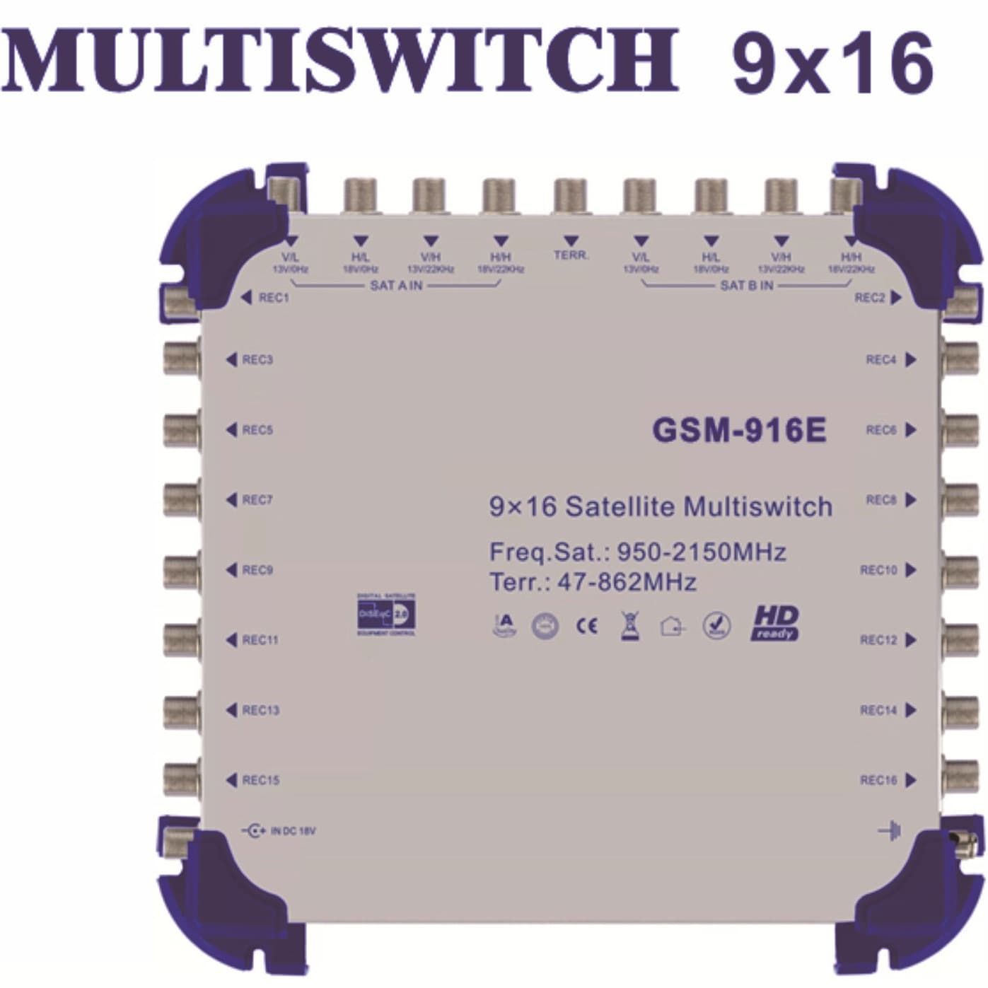 Multi Switch 950-2150MHz Satellite Antenna Signal 9-in 16-out Cascade