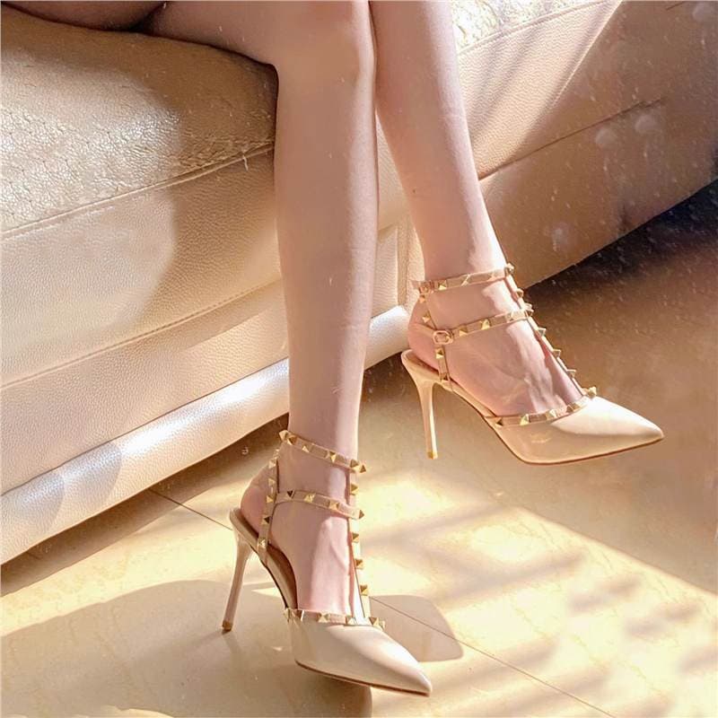 Hong Kong Rivet High Heels Women's 2025 Spring and Summer New Pointed Toe Stiletto White Rivets Non-Tiring Sandals Flats
