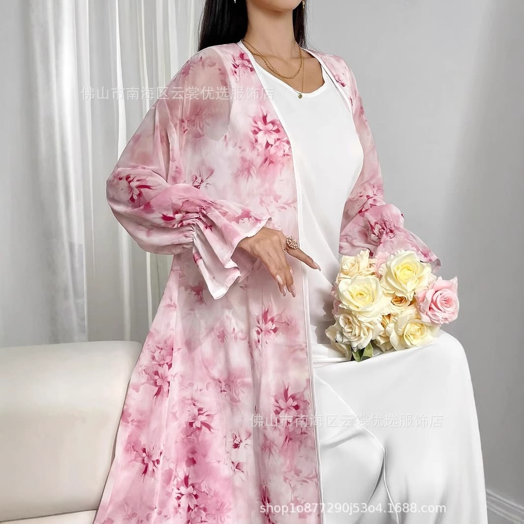 Floral Print Ruffled Sleeve Robe Cardigan, Elegant Vacation Ruffle Long Dress, Elegant Pink Gown