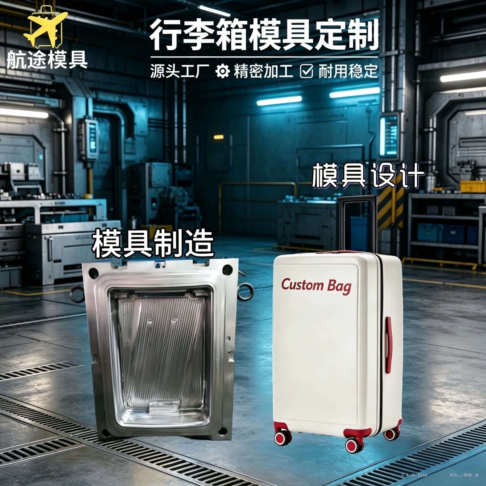 Supplier of PC luggage trolley mold, plastic ABS suitcase mold, combined travel case mold manufacturer