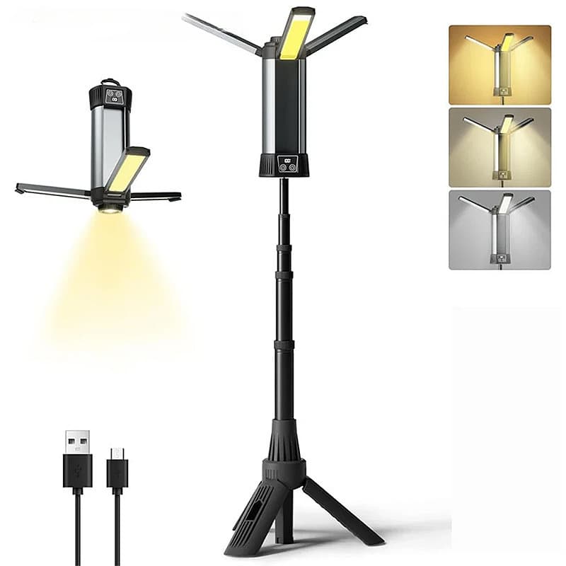 High-Lumen USB Rechargeable LED Work Light with Stand, Multi-function Cordless Lantern Camping Light with Folding Bracket