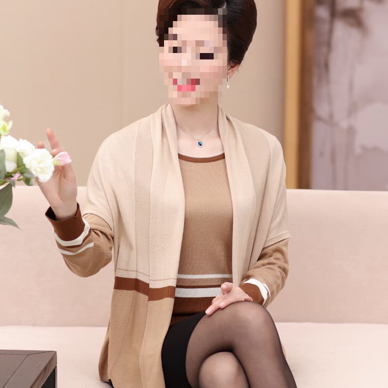 New Mid-Age Women's Clothing Spring/Autumn Two-Piece Set Mom Outfit Knitted Cardigan Jacket Knitted Top for Middle-Aged and Elderly
