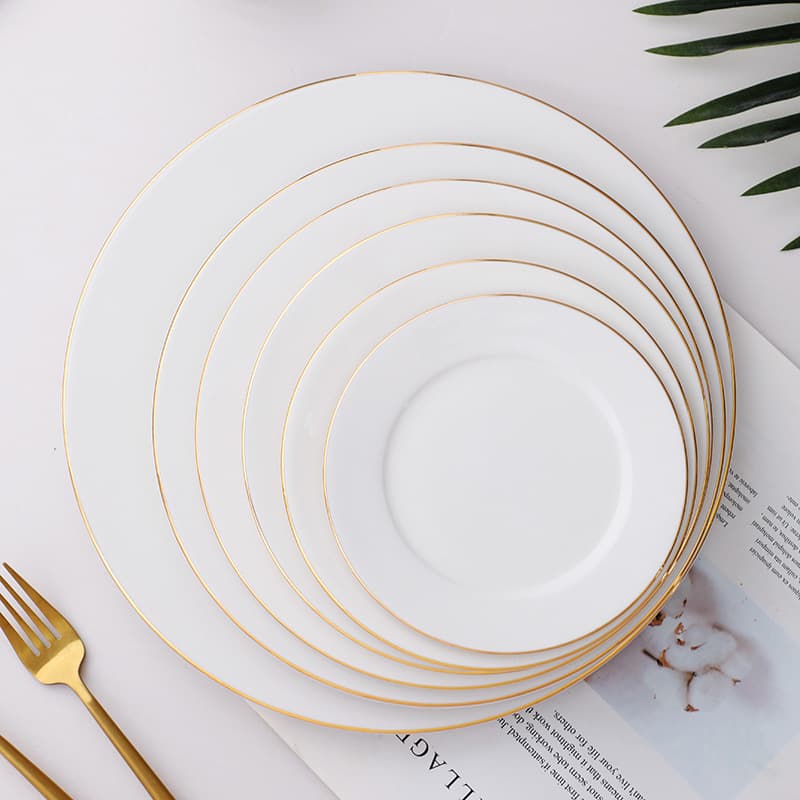 Wholesale Gold Rim Ceramic Round Western Dinner Plate, Home Use Dish, Shallow Plate, Flat Plate, Cold Dish Plate, Steak Plate, Pasta Plate