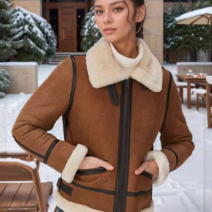 2023 Fall/Winter Amazon Women's Short Sheepskin Leather Jacket Women's Fur Thick Coat Motorcycle Style