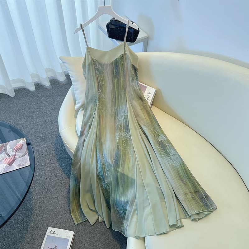 130-350 Jin Plus Size Women's Clothing Chubby MM Retro Hong Kong Style Green Cami Dress Slimming Two-Piece Set Summer New