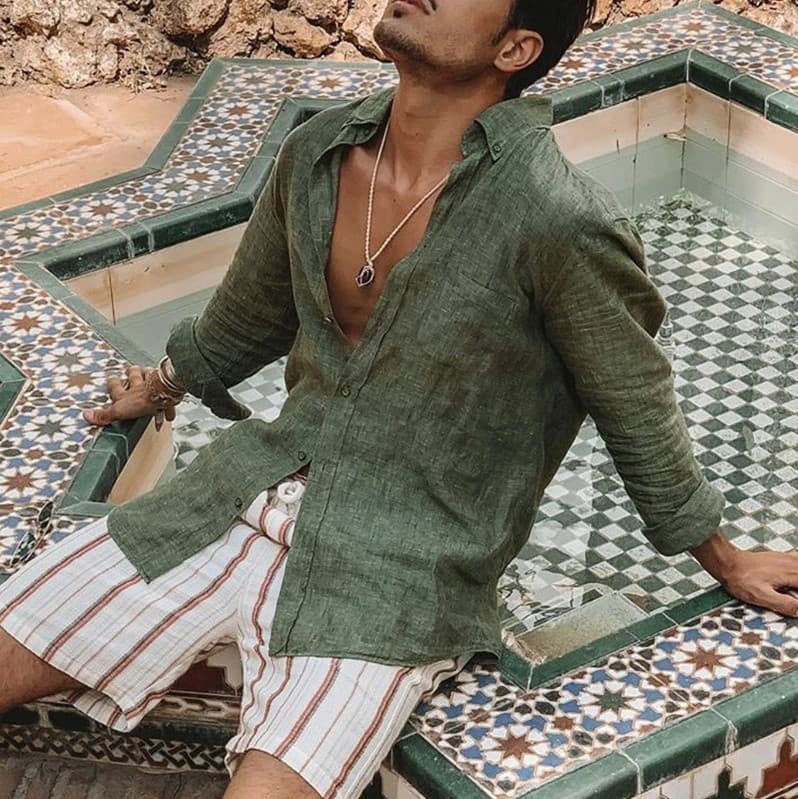 2025 European and American Cross-Border Men's New Wish Long Sleeve Button Cotton Linen Shirt Drop Shipping