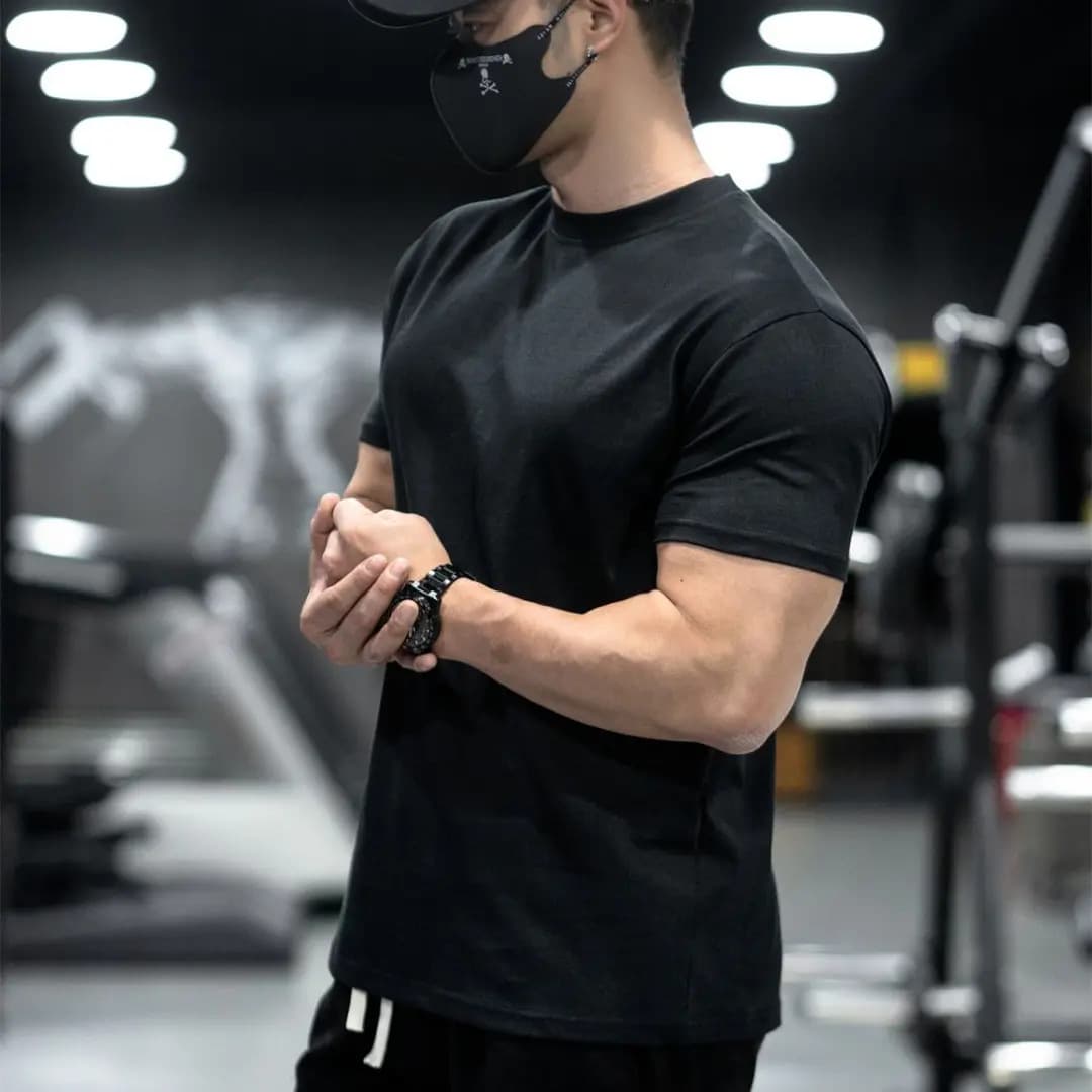 Summer American Style Fitted Short Sleeve T-Shirt for Men, Muscle Fit, Breathable, Quick-Dry, Solid Color, Gym Wear, Big Size