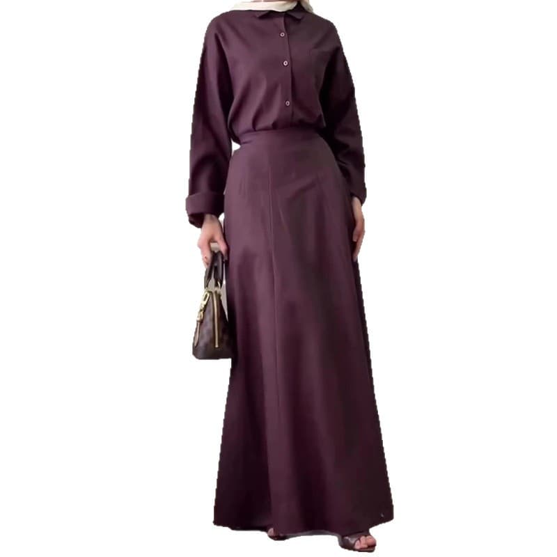 New European and American Amazon Cross-border Women's Solid Color Long Sleeve Button Top with Hip-hugging Long Skirt Casual Set