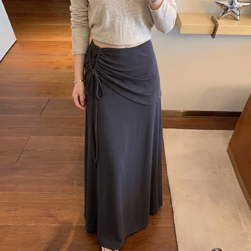 Drawstring Irregular Asymmetrical Skirt for Women Summer Stretchy Flowy High-Waist Slimming Lazy Long Skirt