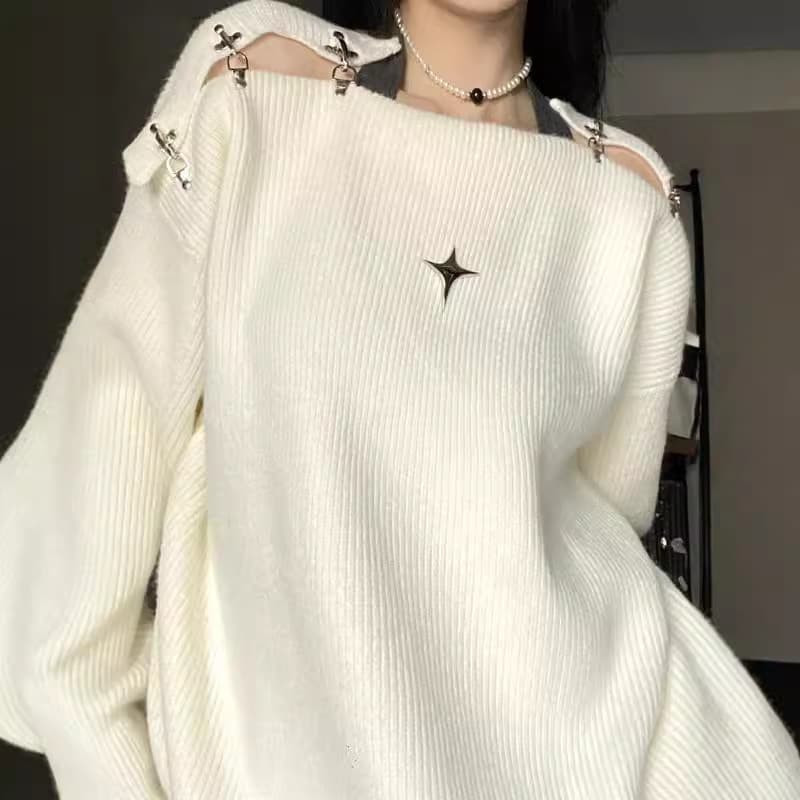 Korean Hollow Knit Sweater with Plane Button, 2025 New Autumn/Winter Women's Sweater, Sexy Mature Off-Shoulder Style