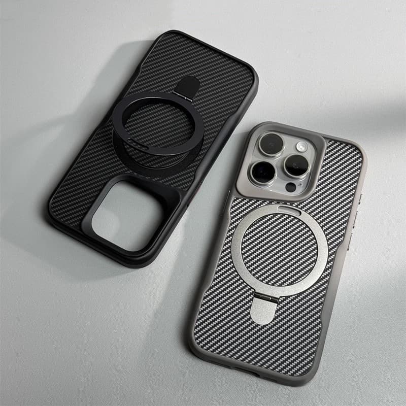Compatible with iPhone 17 Pro Max Carbon Fiber Pattern Phone Case, Magnetic Stand for iPhone 16, Full Coverage Shockproof Case for iPhone 15/14