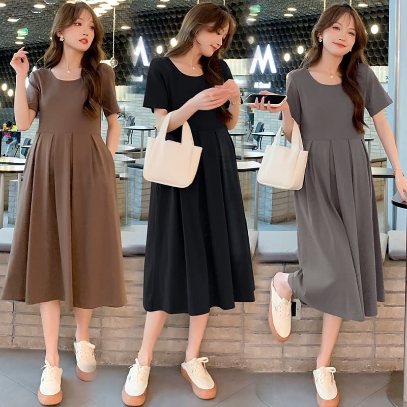 2025 New Korean Style Maternity Summer Dress, Fashionable Sweet Youthful Simple Pleated Maternity Dress