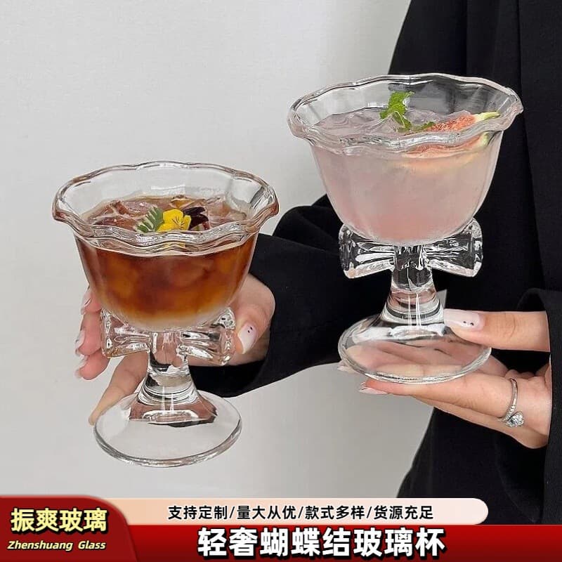Creative bow tall glass with lace transparent ice cream cup fruit tea cup milkshake ice cream fruit wine cup