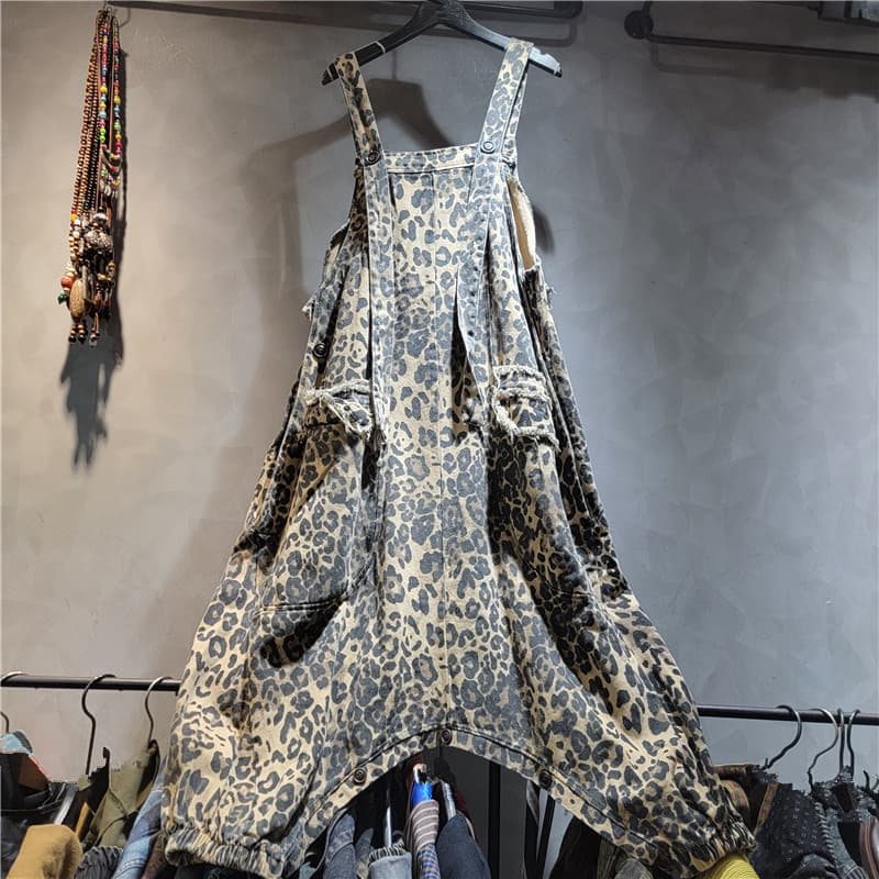 Retro Distressed Leopard Print Denim Overall Dress for Women, Autumn Loose High Waist Two-Way Sleeveless Jumpsuit