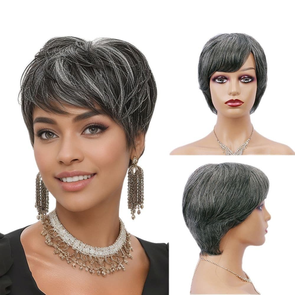 Human hair wig full headgear for women dark gray light gray granny gray black lace-free cross-border short hair real hair