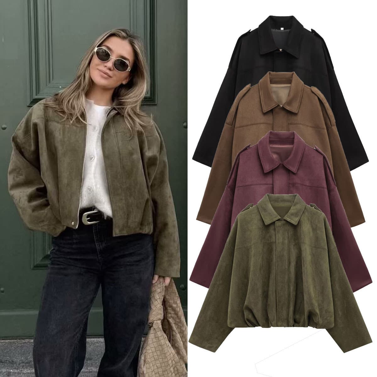 2025 Fall/Winter European and American Pilot Jacket Batwing Sleeve Zipper Loose Suede Texture Coat Women's Casual Top