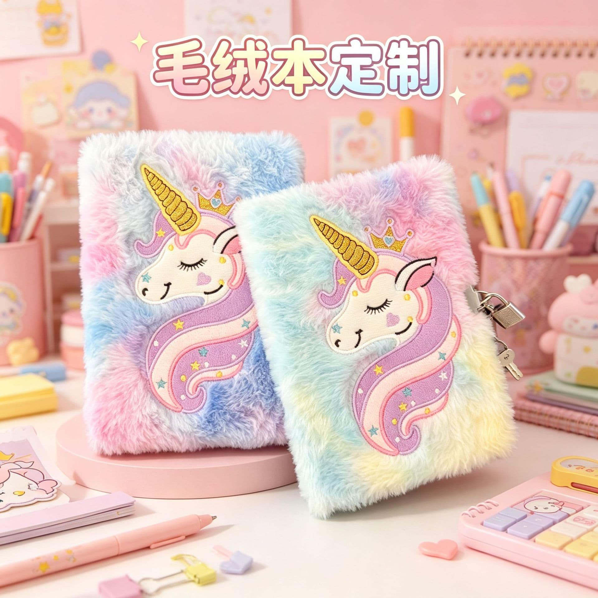 A5 Unicorn Plush Notebook with Lock Cartoon Ledger Cute Girl Diary Customized Cute Plush Notebook